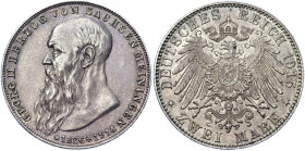 Germany - Empire Saxe-Meiningen 2 Mark 1915 Commemorative Issue
KM# 206; J. 154; Silver 11.12 g.; Bernhard III; Death of Georg II; UNC Toned