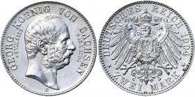 Germany - Empire Saxony-Albertine 2 Mark 1904 E Commemorative Issue
KM# 1261; J# 132; Silver 11.09 g.; Friedrich August III; Death of Georg; Mint: Mu...