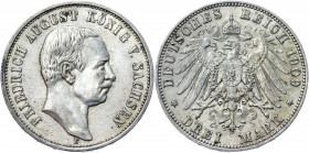 Germany - Empire Saxony-Albertine 3 Mark 1909 E
KM# 1267; J# 135; Silver 16.58 g.; Friedrich August III; Mint: Muldenhutten; XF-AUNC