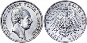 Germany - Empire Saxony-Albertine 3 Mark 1909 E
KM# 1267; J. 135; Silver 16.60 g.; Friedrich August III; Mint: Muldenhütten; UNC Luster