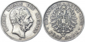Germany - Empire Saxony-Albertine 5 Mark 1875 E
KM# 1237; J# 122; Silver 27.38 g.; Albert; VF-XF