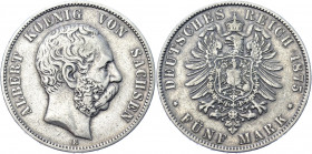 Germany - Empire Saxony-Albertine 5 Mark 1875 E
KM# 1237; J# 122; Silver 27.38 g.; Albert; VF-XF
