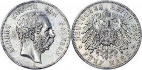 Germany - Empire Saxony-Albertine 5 Mark 1895 E
KM# 1246; J# 125; Silver 27.70 g.; Albert; Mint: Muldenhutten; AUNC-