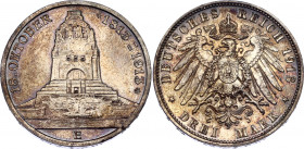 Germany - Empire Saxony 3 Mark 1913 E
KM# 1275; Silver; 100th Anniversary of the Battle of Leipzig; UNC with nice toning