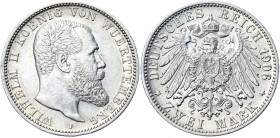 Germany - Empire Württemberg 2 Mark 1906 F
KM# 631; J# 174; Silver 11.01 g.; Wilhelm II; Mint: Freudenstadt; AUNC Luster