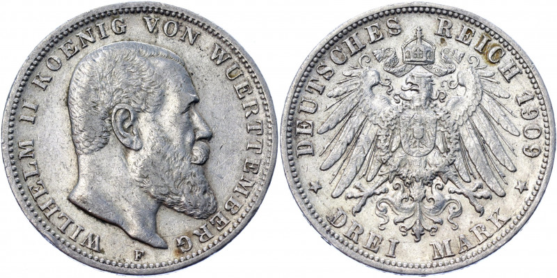 Germany - Empire Württemberg 3 Mark 1909 F
KM# 635; J. 175; Silver 16.61 g.; Wi...