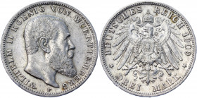 Germany - Empire Württemberg 3 Mark 1909 F
KM# 635; J. 175; Silver 16.61 g.; Wilhelm II; Mint: Stuttgart; AUNC