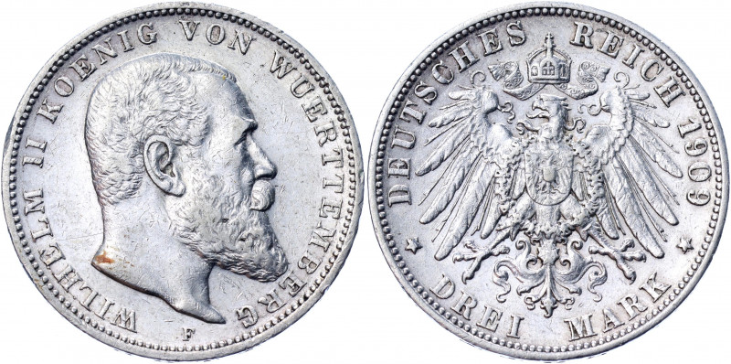 Germany - Empire Württemberg 3 Mark 1909 F
KM# 635; J. 175; Silver 16.61 g.; Wi...