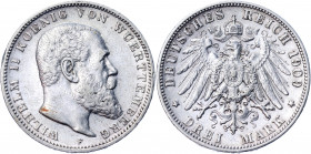 Germany - Empire Württemberg 3 Mark 1909 F
KM# 635; J. 175; Silver 16.61 g.; Wilhelm II; Mint: Stuttgart; AUNC