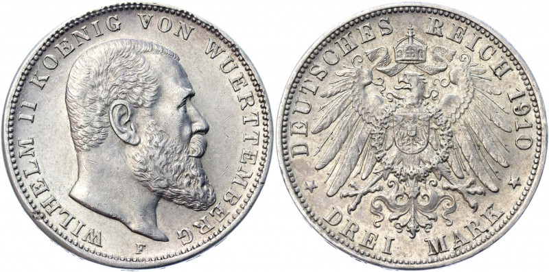 Germany - Empire Württemberg 3 Mark 1910 F
KM# 635; J# 175; Silver 16.58 g.; Wi...