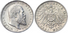 Germany - Empire Württemberg 3 Mark 1910 F
KM# 635; J# 175; Silver 16.58 g.; Wilhelm II; Mint: Freudenstadt; AUNC