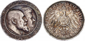 Germany - Empire Württemberg 3 Mark 1911 F
KM# 636; Silver; Wilhelm II Wedding Anniversary; UNC with amazing toning