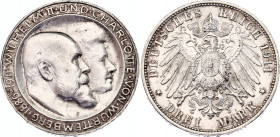 Germany - Empire Württemberg 3 Mark 1911 F
KM# 636; The H in Charlotte has the bar in the middle; Silver; Wedding Anniversary; Wilhelm II.; UNC