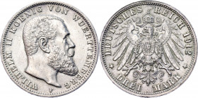 Germany - Empire Württemberg 3 Mark 1912 F
KM# 635; J. 175; Silver 16.68 g.; Wilhelm II; Mint: Freudenstadt; AUNC