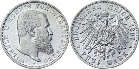 Germany - Empire Württemberg 5 Mark 1907 F
KM# 632; J# 172; Silver 27.74 g.; Wilhelm II; Mint: Freudenstadt; AUNC Luster