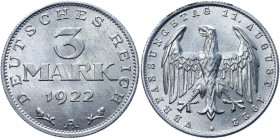 Germany - Weimar Republic 3 Reichsmark 1922 A Commemorative Issue
KM# 29; AKS# 72; J. 303; Aluminum 2.01 g.; 3 Years of Weimar Constitution; Mint: Be...