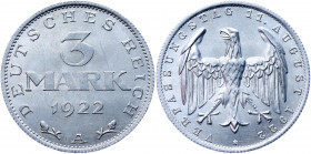 Germany - Weimar Republic 3 Reichsmark 1922 A Commemorative Issue
KM# 29; AKS# 72; J. 303; Aluminium 1.98 g.; 3 Years of Weimar Constitution; Mint: B...