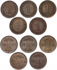 Germany - Weimar Republic 5 x 1 Rentenpfennig 1923 - 1924
KM# 30; AKS# 56; J. 306; Bronze; Mints: A, F, F, G, F; XF-AUNC