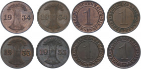 Germany - Weimar Republic 4 x 1 Reichspfennig 1933 - 1934
KM# 37; AKS# 57; J. 313; Bronze; Mints: A, F, A, D; AUNC-UNC
