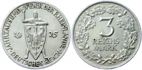 Germany - Weimar Republic 3 Reichsmark 1925 A Commemorative Issue
KM# 46; AKS# 73; J. 321; Silver 14.99 g.; 1000th Year of the Rhineland; Mint: Berli...