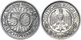 Germany - Weimar Republic 50 Reichspfennig 1937 F
KM# 49 AKS# 40; J. 324; Nickel 3.52 g.; Mint: Stuttgart; UNC