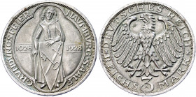 Germany - Weimar Republic 3 Reichsmark 1928 A Commemorative Issue
KM# 57; J. 333; Silver 15.07 g.; 900th Anniversary of the founding of Naumburg; Min...
