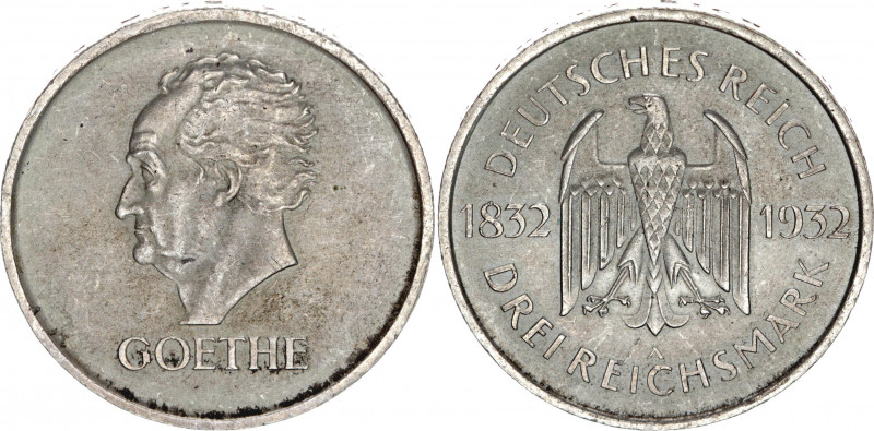 Germany - Weimar Republic 3 Reichsmark 1932 A
KM# 76; Silver; Centenary - Death...