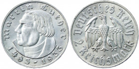 Germany - Weimar Republic 2 Reichsmark 1933 A Commemorative Issue
KM# 79; AKS# 92; J. 352; Silver 7.96 g.; 450th Anniversary of Birth of Martin Luthe...