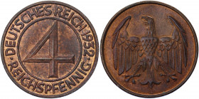 Germany - Weimar Republic 4 Reichspfennig 1932 A
KM# 75; AKS# 52; J. 315; Bronze 5.00 g.; Mint: Berlin; UNC