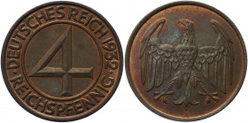Germany - Weimar Republic 4 Reichspfennig 1932 A
KM# 75; AKS# 52; J. 315; Bronze 4.98 g.; Mint: Berlin; UNC