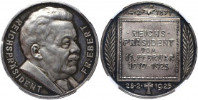Germany - Weimar Republic Silver Medal "Due to the Death of Friedrich Ebert 28 February 1925" 1925 HHP MS61
Silver (.990) 33mm; Medalist - August Hum...