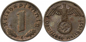 Germany - Third Reich 1 Reichspfennig 1937 F
KM# 89; AKS# 58; J. 361; Bronze 2.00 g.; Mint: Stuttgart; UNC