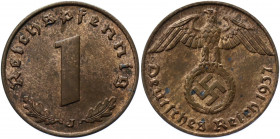 Germany - Third Reich 1 Reichspfennig 1937 J
KM# 89; AKS# 58; J. 361; Bronze 1.96 g.; Mint: Hamburg; UNC Luster