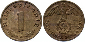 Germany - Third Reich 1 Reichspfennig 1938 A
KM# 89; AKS# 58; J. 361; Bronze 1.99 g.; Mint: Berlin; UNC
