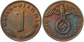Germany - Third Reich 1 Reichspfennig 1938 D
KM# 89; AKS# 58; J. 361; Bronze 1.93 g.; Mint: Hamburg; UNC Toned, Luster.