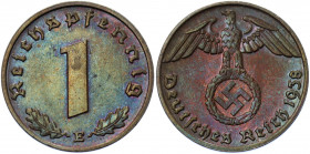 Germany - Third Reich 1 Reichspfennig 1938 E
KM# 89; AKS# 58; J. 361; Bronze 2.01 g.; Mint: Muldenhütten; UNC Toned, Luster.