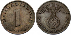 Germany - Third Reich 1 Reichspfennig 1938 J
KM# 89; AKS# 58; J. 361; Bronze 2.05 g.; Mint: Hamburg; UNC