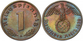 Germany - Third Reich 1 Reichspfennig 1939 A
KM# 89; AKS# 58; J. 361; Bronze 1.98 g.; Mint: Berlin; UNC Toned, Luster.
