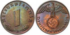 Germany - Third Reich 1 Reichspfennig 1939 B
KM# 89; AKS# 58; J. 361; Bronze 1.98 g.; Mint: Vienna; UNC Toned, Luster.
