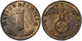 Germany - Third Reich 1 Reichspfennig 1939 J
KM# 89; AKS# 58; J. 361; Bronze 1.97 g.; Mint: Hamburg; UNC Toned, Luster.