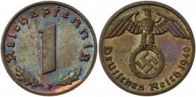 Germany - Third Reich 1 Reichspfennig 1940 F
KM# 89; AKS# 58; J. 361; Bronze 1.96 g.; Mint: Stuttgart; UNC Toned, Luster.