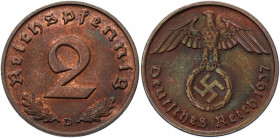 Germany - Third Reich 2 Reichspfennig 1937 D
KM# 90; AKS# 55; J. 362; Bronze 3.32 g.; Mint: Munich; UNC