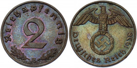Germany - Third Reich 2 Reichspfennig 1938 E
KM# 90; AKS# 55; J. 362; Bronze 3.25 g.; Mint: Muldenhütten; UNC Toned