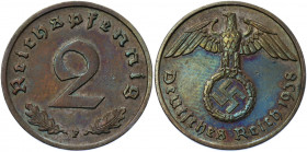 Germany - Third Reich 2 Reichspfennig 1938 F
KM# 90; AKS# 55; J. 362; Bronze 3.32 g.; Mint: Stuttgart; UNC Toned