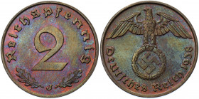Germany - Third Reich 2 Reichspfennig 1938 J
KM# 90; AKS# 55; J. 362; Bronze 3.33 g.; Mint: Hamburg; UNC Toned