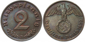 Germany - Third Reich 2 Reichspfennig 1939 B
KM# 90; AKS# 55; J. 362; Bronze 3.33 g.; Mint: Vienna; UNC Toned, Luster.