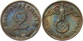Germany - Third Reich 2 Reichspfennig 1940 A
KM# 90; AKS# 55; J. 362; Bronze 3.30 g.; Mint: Berlin; UNC Toned, Luster.