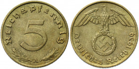 Germany - Third Reich 5 Reichspfennig 1939 A
KM# 91; AKS# 50; J. 363; Aluminium-Bronze 2.50 g.; Mint: Berlin; XF