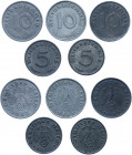 Germany - Third Reich 2 x 5 & 3 x 10 Reichspfennig 1940 - 1943
KM# 100 & 101; Zinc; XF-AUNC
