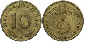 Germany - Third Reich 10 Reichspfennig 1938 E
KM# 92; AKS# 46; J. 364; Aluminium-Bronze 4.17 g.; Mint: Muldenhütten; XF